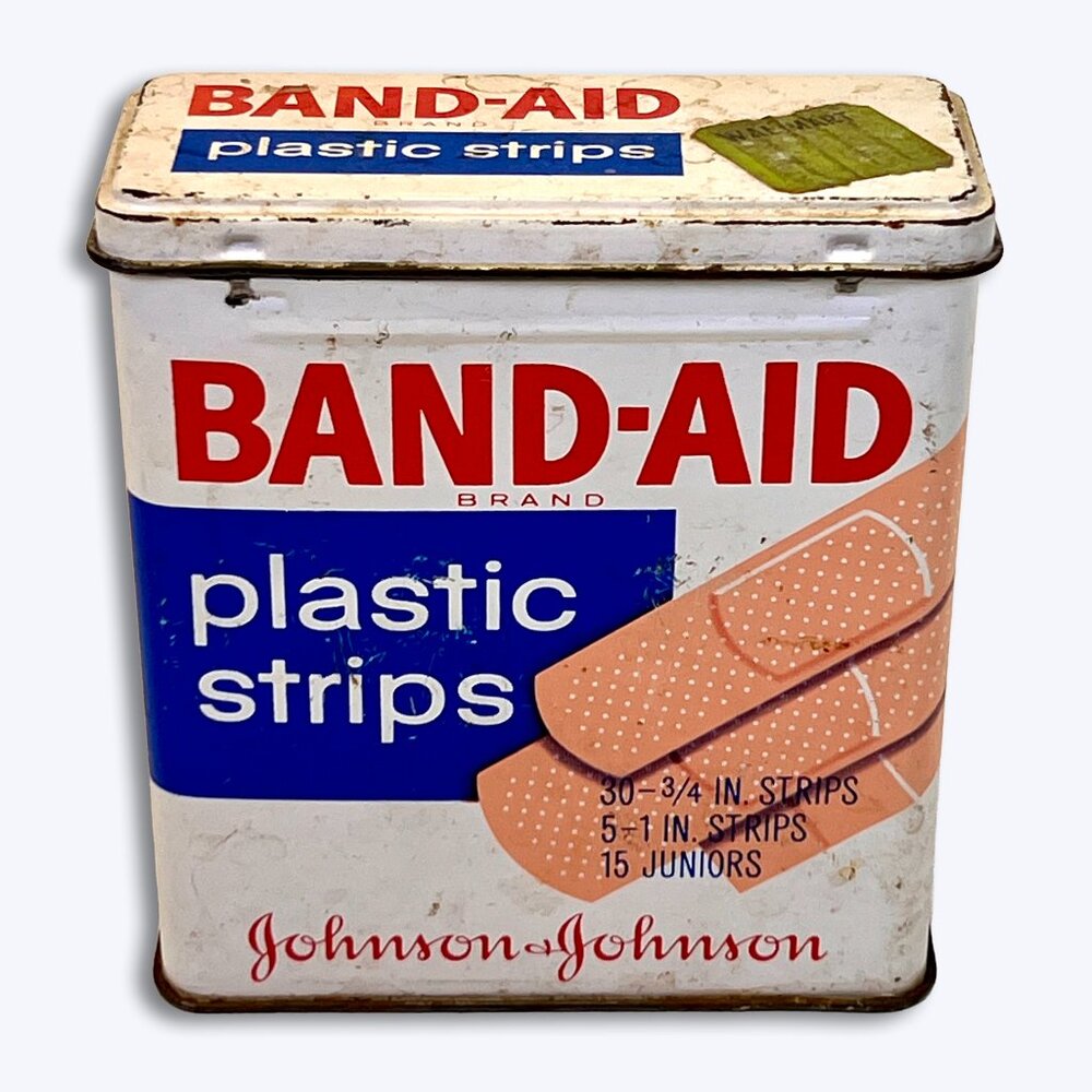 Vintage Band-Aid Tin Box Johnson & Johnson Plastic Strips 1960s Wal-Mart Sticker